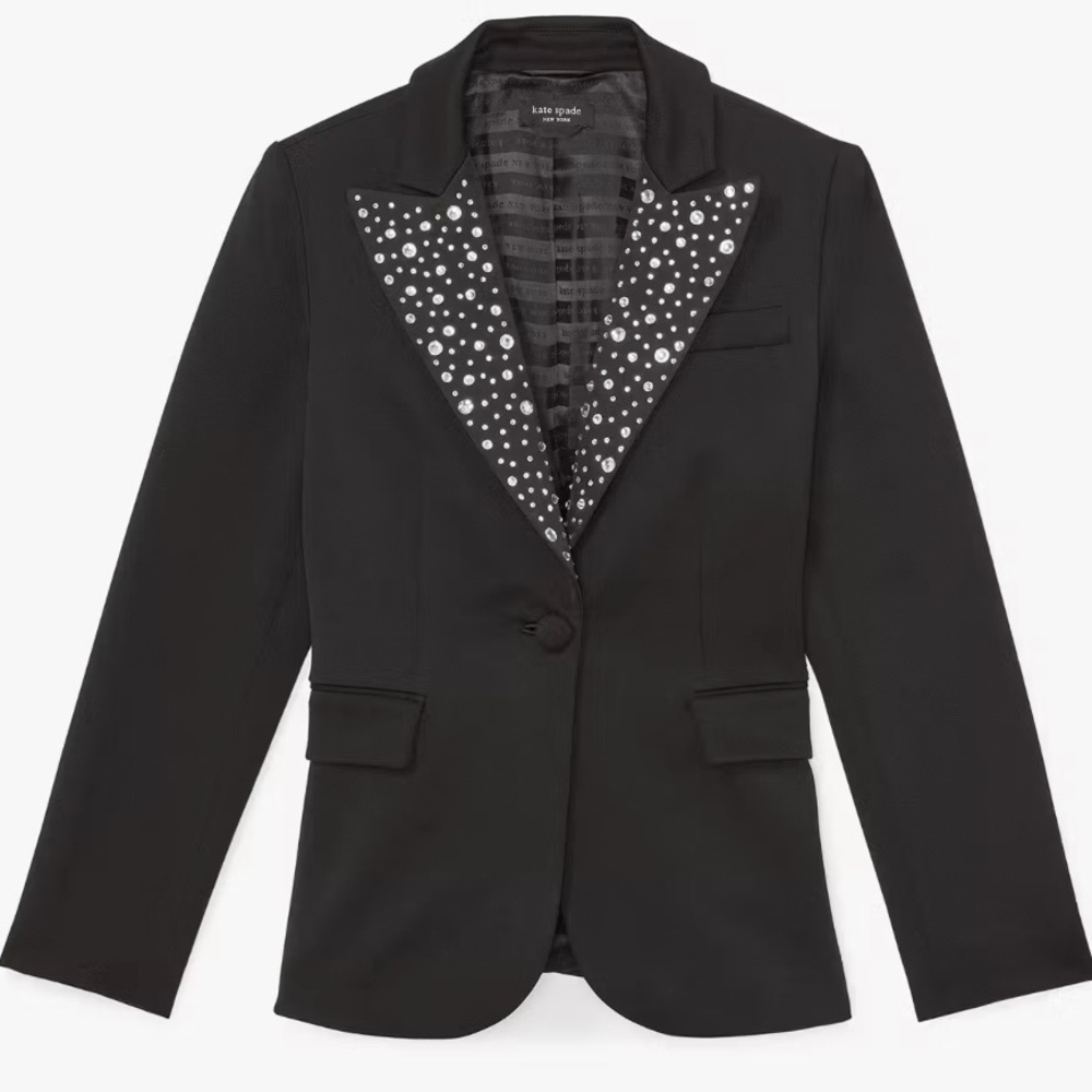 Kate Spade $528 Embellished Black Tweed Blazer with Rhinestone Lapels, Size 12
